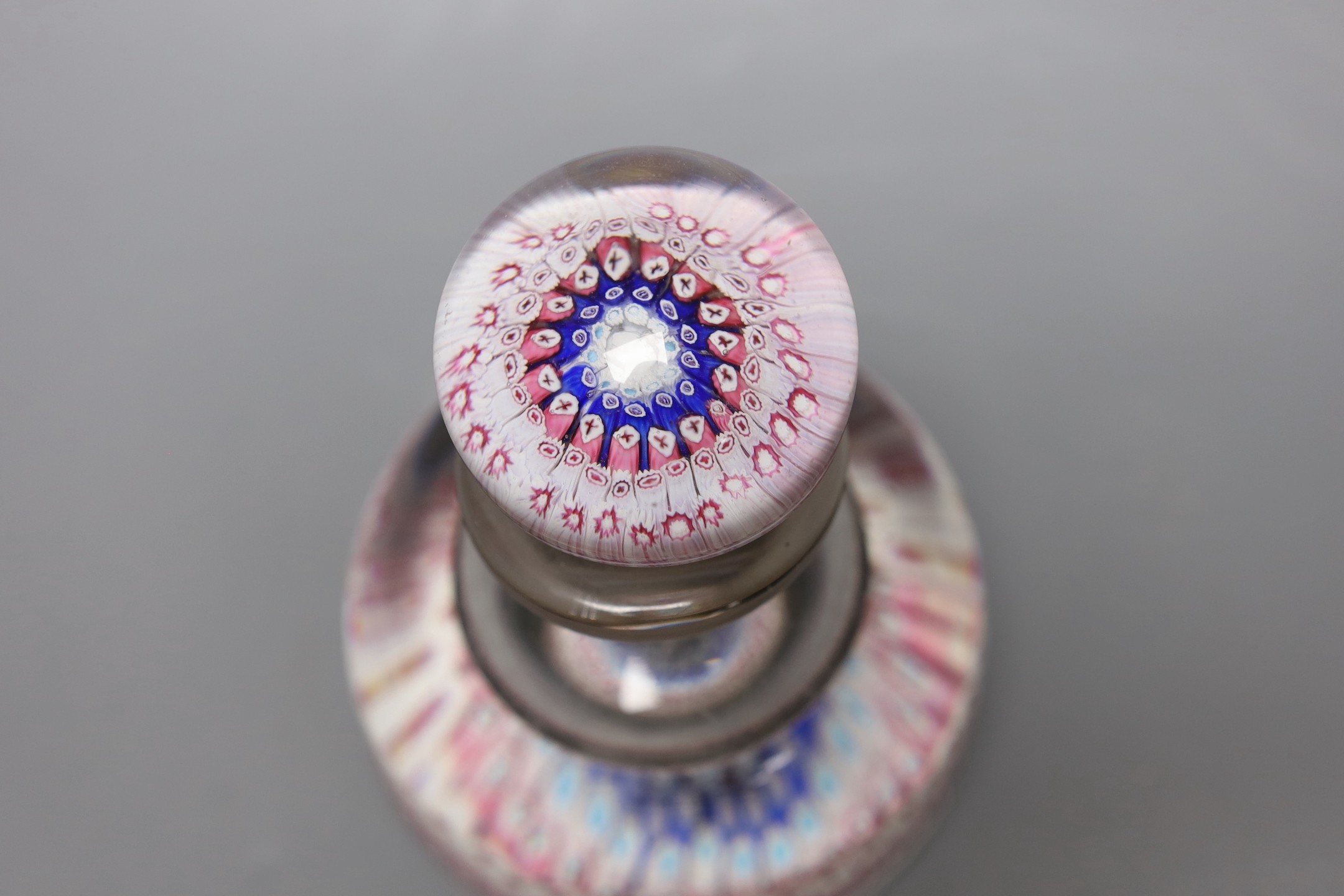 A concentric millefiori glass inkwell and stopper, ‘1848’ cane but later, 15cms high